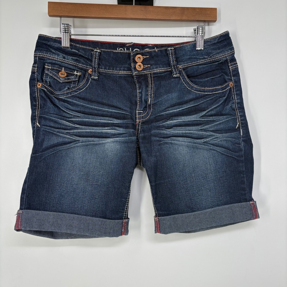 Y2K Womens Dark Wash Whiskered Bermuda Denim Shorts Double Button Cuffed 14R